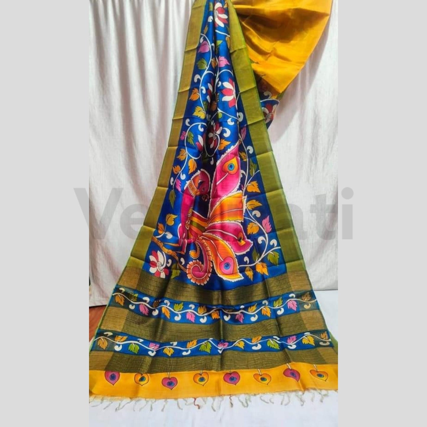 Hand-Painted Jari Tussar Kalamkari Saree, Pure Silk Saree with Silkmark