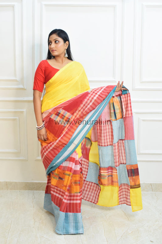 Handwoven Cotton Khadi Saree with Gamcha Patchwork, Designer Cotton Saree,  Pure khadi cotton mix match saree , Yellow Cotton Saree