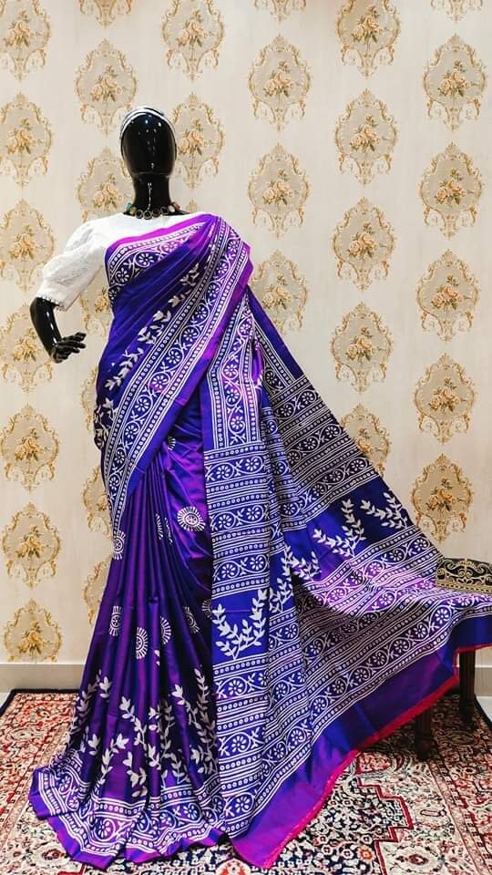 Authentic Bishnupuri Silk Saree Block Print Dual Tone Katan Silk Saree With Silk Mark Silk Saree With Blouse Piece