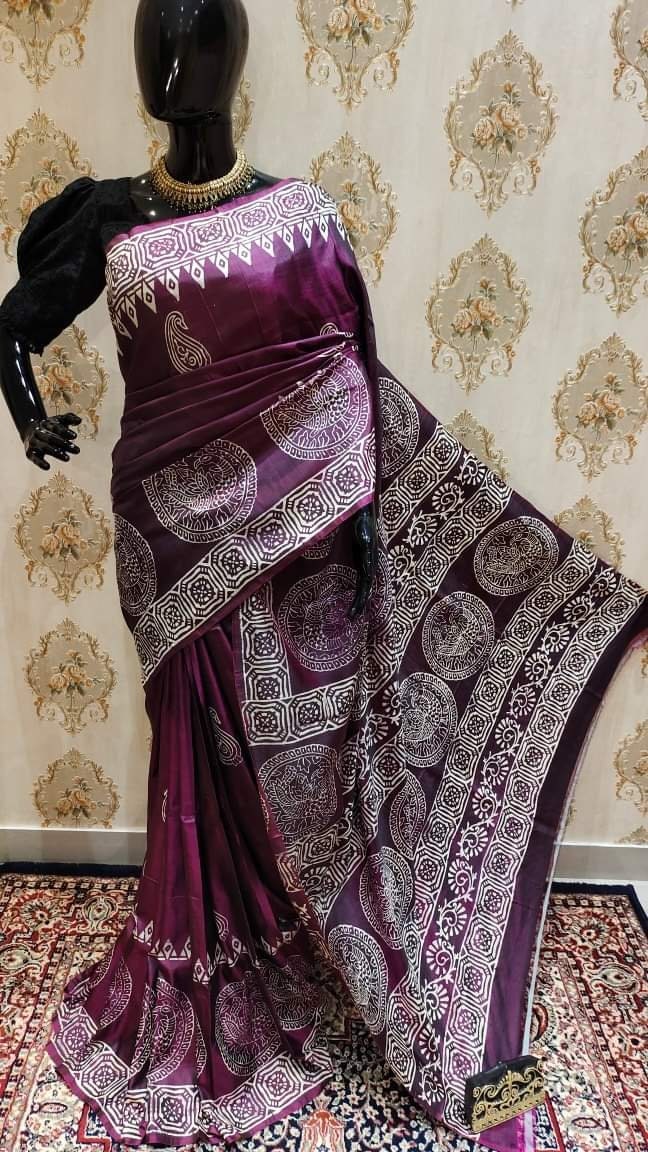 Authentic Bishnupuri Silk Saree Block Print Dual Tone Katan Silk Saree With Silk Mark Silk Saree With Blouse Piece