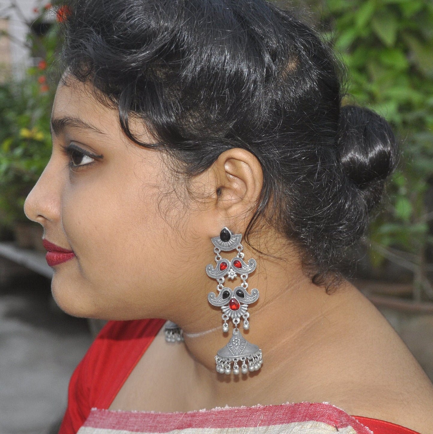 Silver Cherry - Ethnic Black Polish Jhumka Earrings , Red and Black Stone Earring for Womens | Gift for Women | Mothers Day Gift
