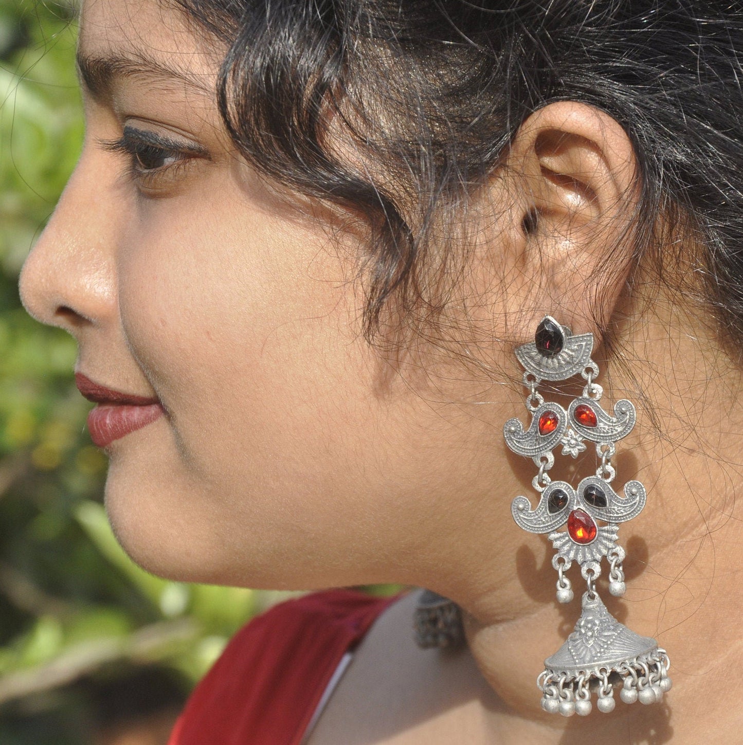 Silver Cherry - Ethnic Black Polish Jhumka Earrings , Red and Black Stone Earring for Womens | Gift for Women | Mothers Day Gift