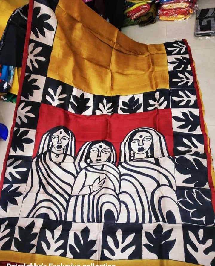 Authentic Murshidabad Silk Saree All Over Hand Paint Work Pure Handloom Soft Murshidabadi Silk Sari With Blouse Piece | Gift For Durga Puja