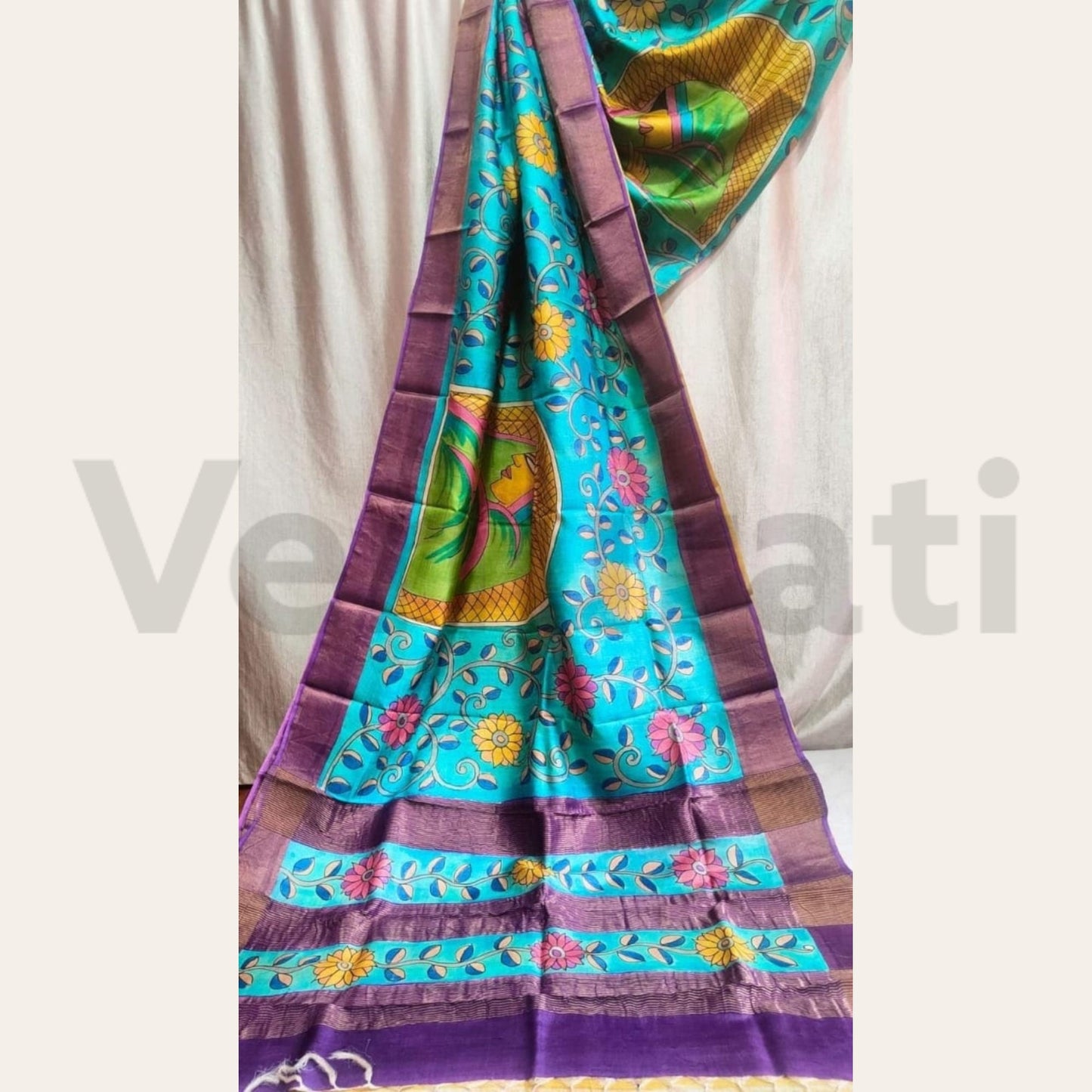 Pure Silk Saree with Silk Mark, Hand Painted Jari Tussar Kalamkari Saree, Authentic Tussar Silk Saree, Gift for Diwali, Christmas, Birthday