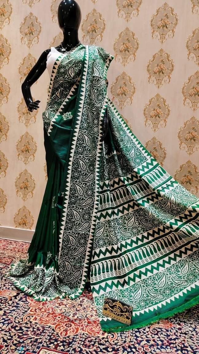 Authentic Bishnupuri Silk Saree Block Print Dual Tone Katan Silk Saree With Silk Mark Silk Saree With Blouse Piece