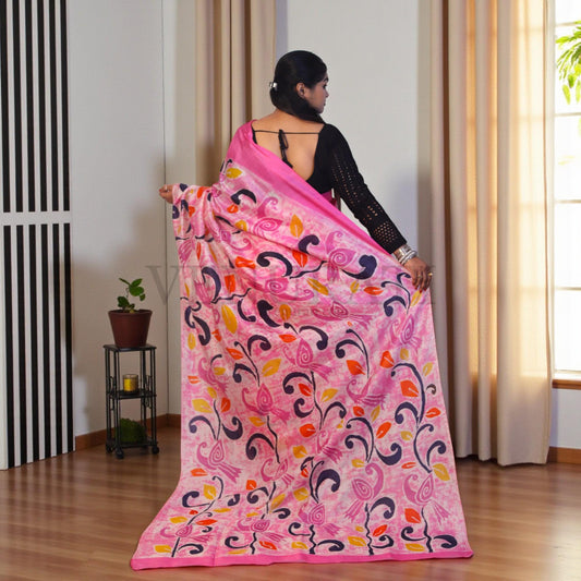 Pure Silk Saree With Blouse Piece, Authentic Murshidabad Silk Saree with Silk mark Tag, Batik Paint Silk Saree, Handmade Silk Sari for Women