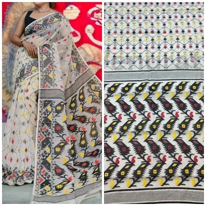 Dhakai Jamdani Saree - Handwoven Jamdani Saree, Soft Cotton Saree, Soft Jamdani Sari for Women