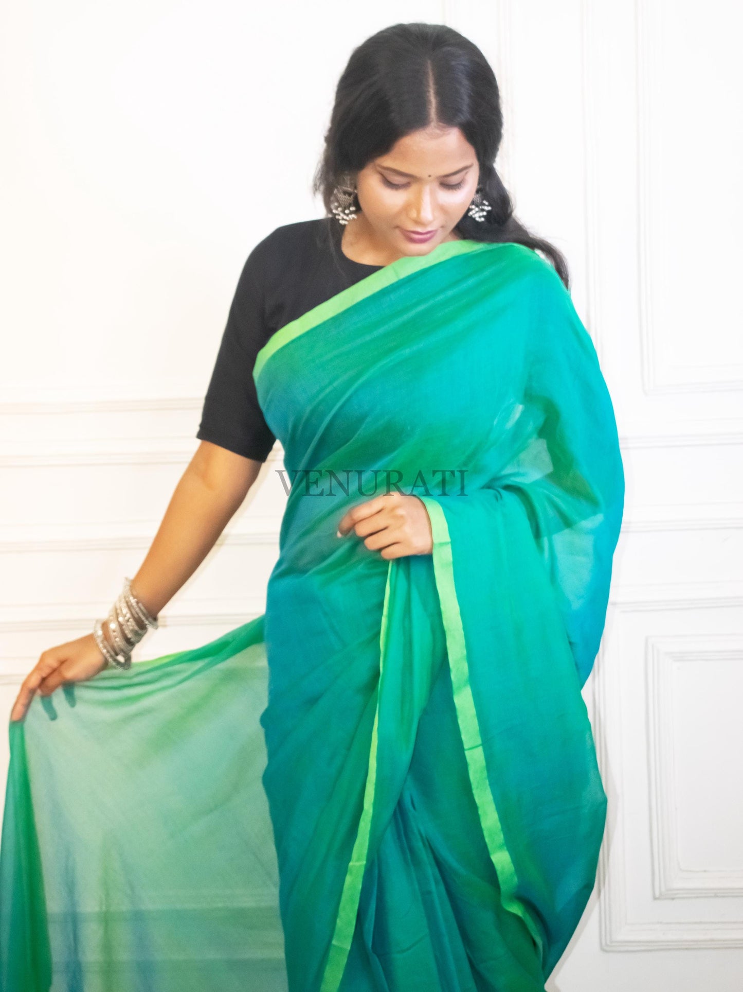 Soft Molmol Cotton Handloom Saree for All Season, Dual Tone Cotton Saree with Pompom, Sea Green Cotton Saree, Gift for Durga Puja Diwali
