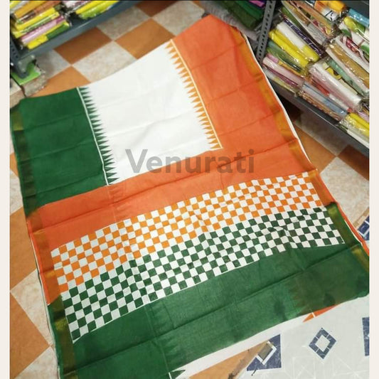 Tri Color Kerala Cotton Saree for Indian Independence Day, Tiranga Saree for 15th August, Soft Cotton Saree, Hand Painted Cotton Saree