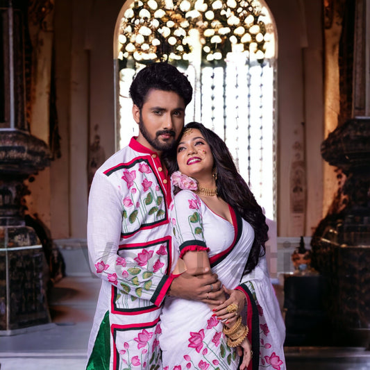 Designer Saree And Punjabi Couple Set With Embroidery work Pure Cotton Mens Kurta Authentic Cotton Saree With Blouse