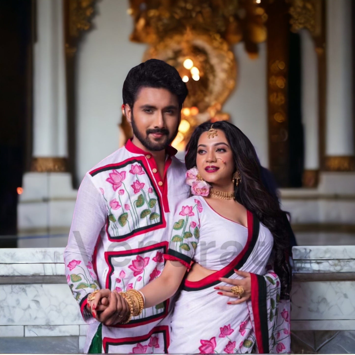 Designer Saree And Punjabi Couple Set With Embroidery work Pure Cotton Mens Kurta Authentic Cotton Saree With Blouse