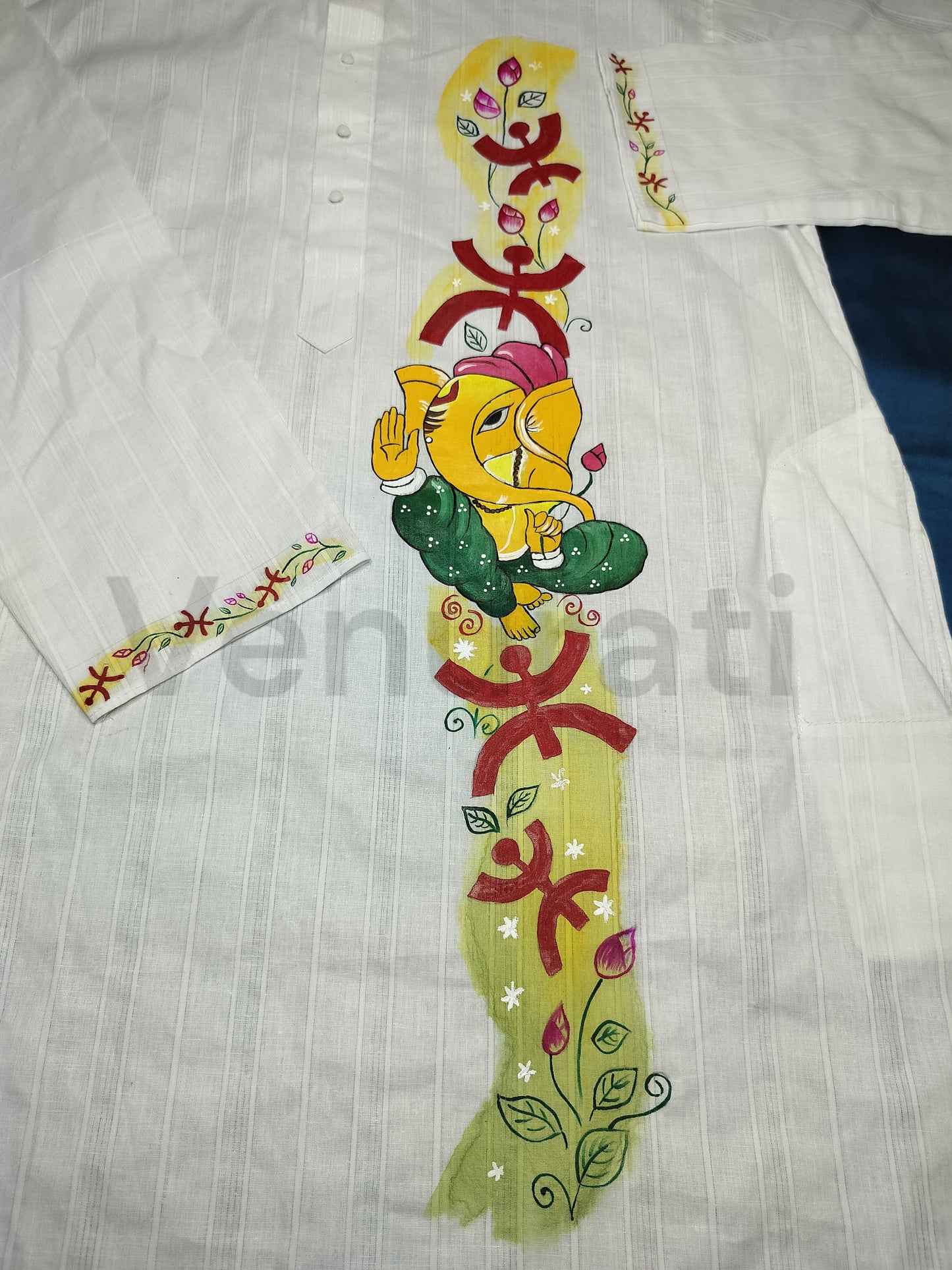 Hand painted Pure Cotton Kurta for Men's, Indian Style Men's Kurta, Handpaint Punjabi for Men's, Gift for Dad