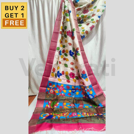 Hand-Painted Jari Tussar Kalamkari Saree, Pure Silk Saree with Silkmark
