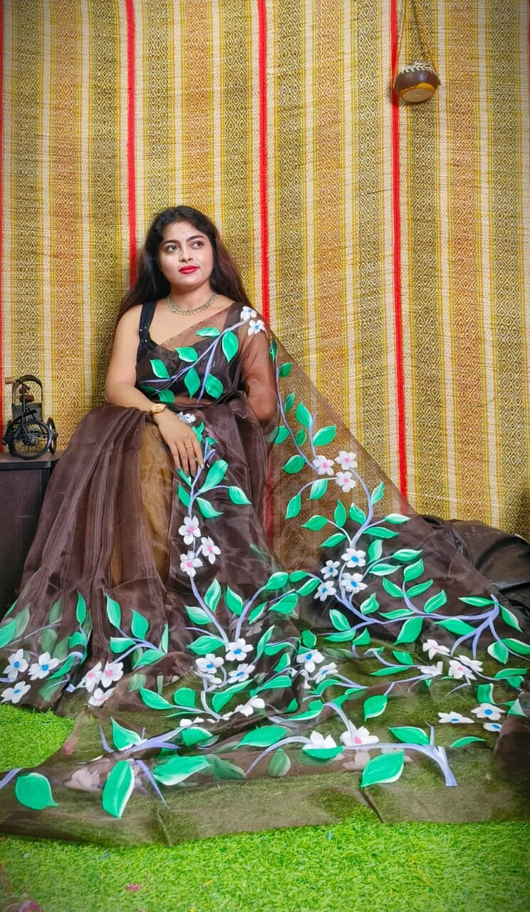Hand Painted Multicolour Organza Saree, Bollywood Style Party Wear Indian Wedding Saree, Designer Organza Saree, Transparent Saree