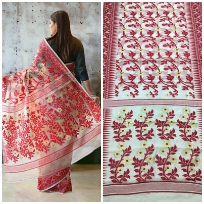 Authentic Dhakai Jamdani Saree Floral Work Jamdani Saree Soft and Comfortable Dhakai Saree Handloom Jamdani Sari from Bengal