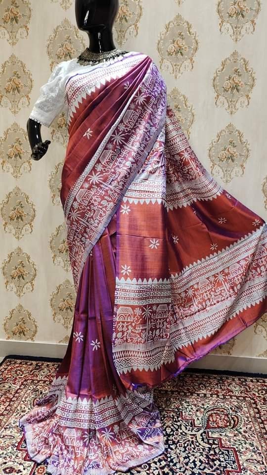 Authentic Bishnupuri Silk Saree Block Print Dual Tone Katan Silk Saree With Silk Mark Silk Saree With Blouse Piece