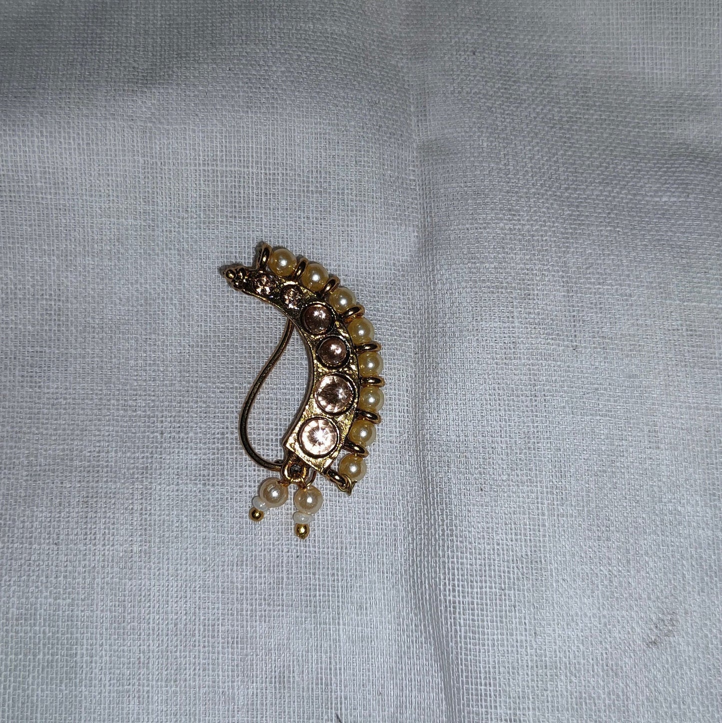 Marathi Nose Pin, Golden False Nose Pin White Stone | Bollywood | Clip on Nose ring | Indian Traditional Bridal Nath | Mothers Day Gift