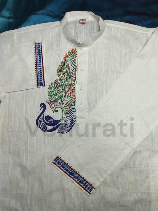 Hand painted Pure Cotton Kurta for Men's, Indian Style Men's Kurta, Handpaint Punjabi for Mens, Anniversary Gift