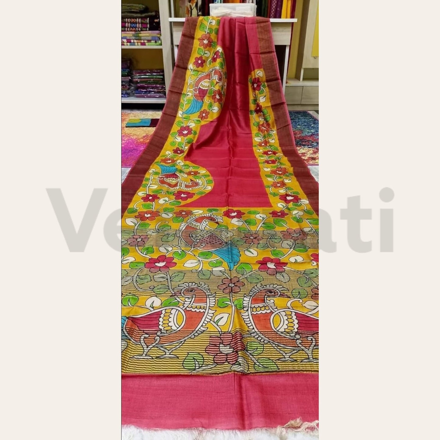 Pure Silk Saree with Silk Mark, Hand Painted Jari Tussar Kalamkari Saree, Authentic Tussar Silk Saree, Gift for Diwali, Christmas, Birthday