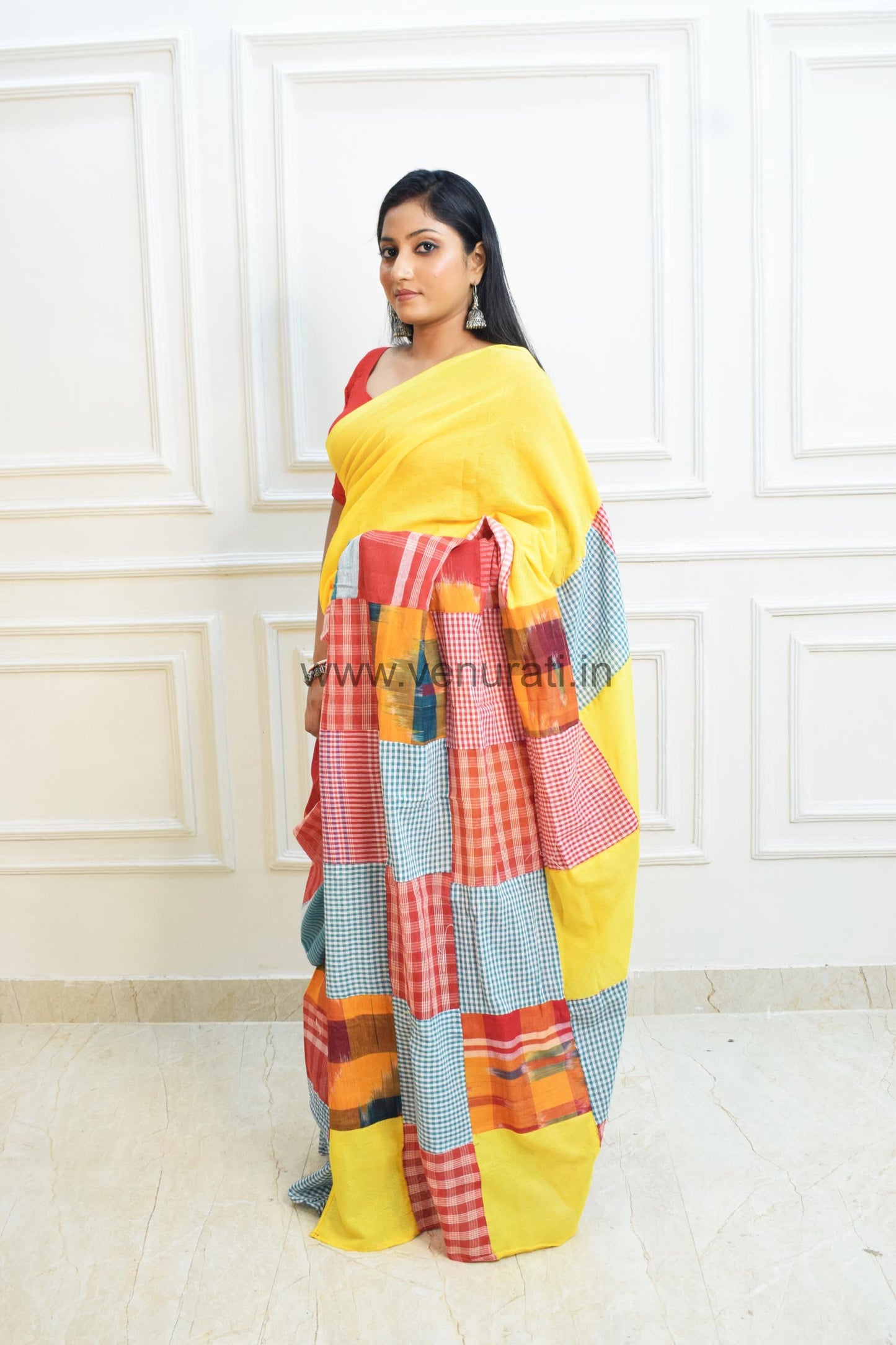 Handwoven Cotton Khadi Saree with Gamcha Patchwork, Designer Cotton Saree,  Pure khadi cotton mix match saree , Yellow Cotton Saree