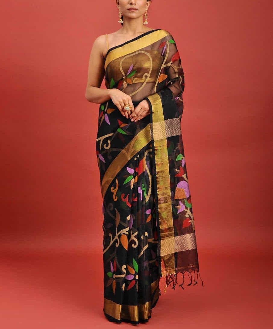 VENURATI Exclusive Handmade Muslin Jamdani Saree with Blouse Piece, Handwoven Dhakai Jamdani Maslin Saree, Transparent Jamdani Sari