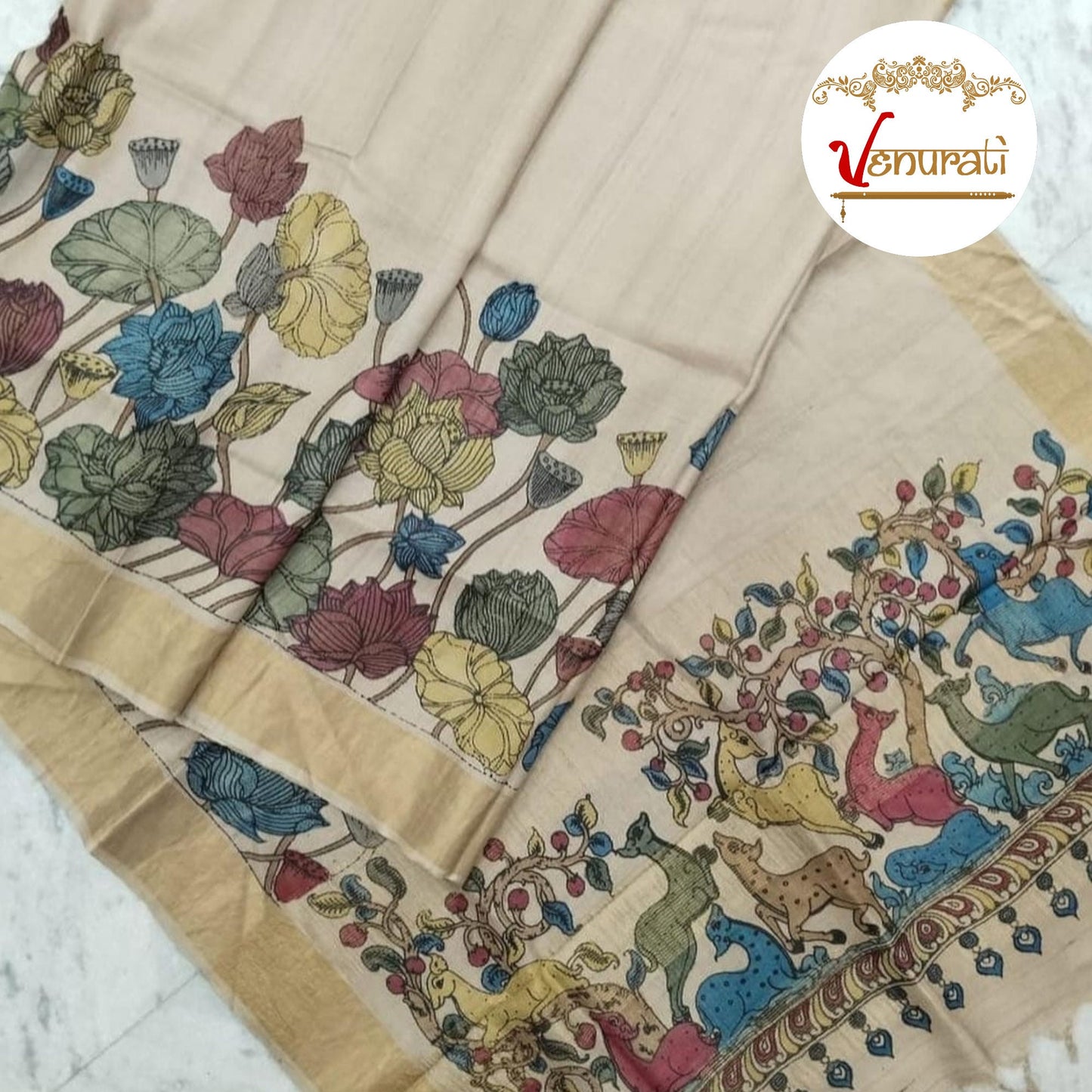 Authentic Zari Tussar Saree Kalamkari Work On Tussar Saree With Blouse Piece SILK MARK CERTIFIED