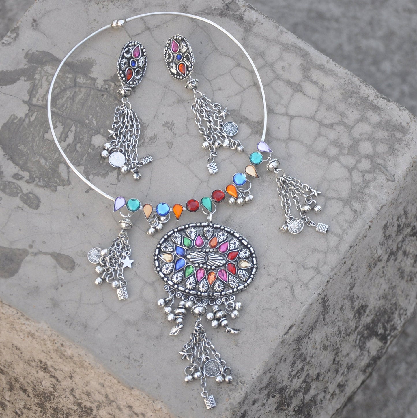 Tribal Oxidized Jewelry Set, Multi Colour Stone Nacklace | Necklace and Earring for Saree | Mothers Day Gifts
