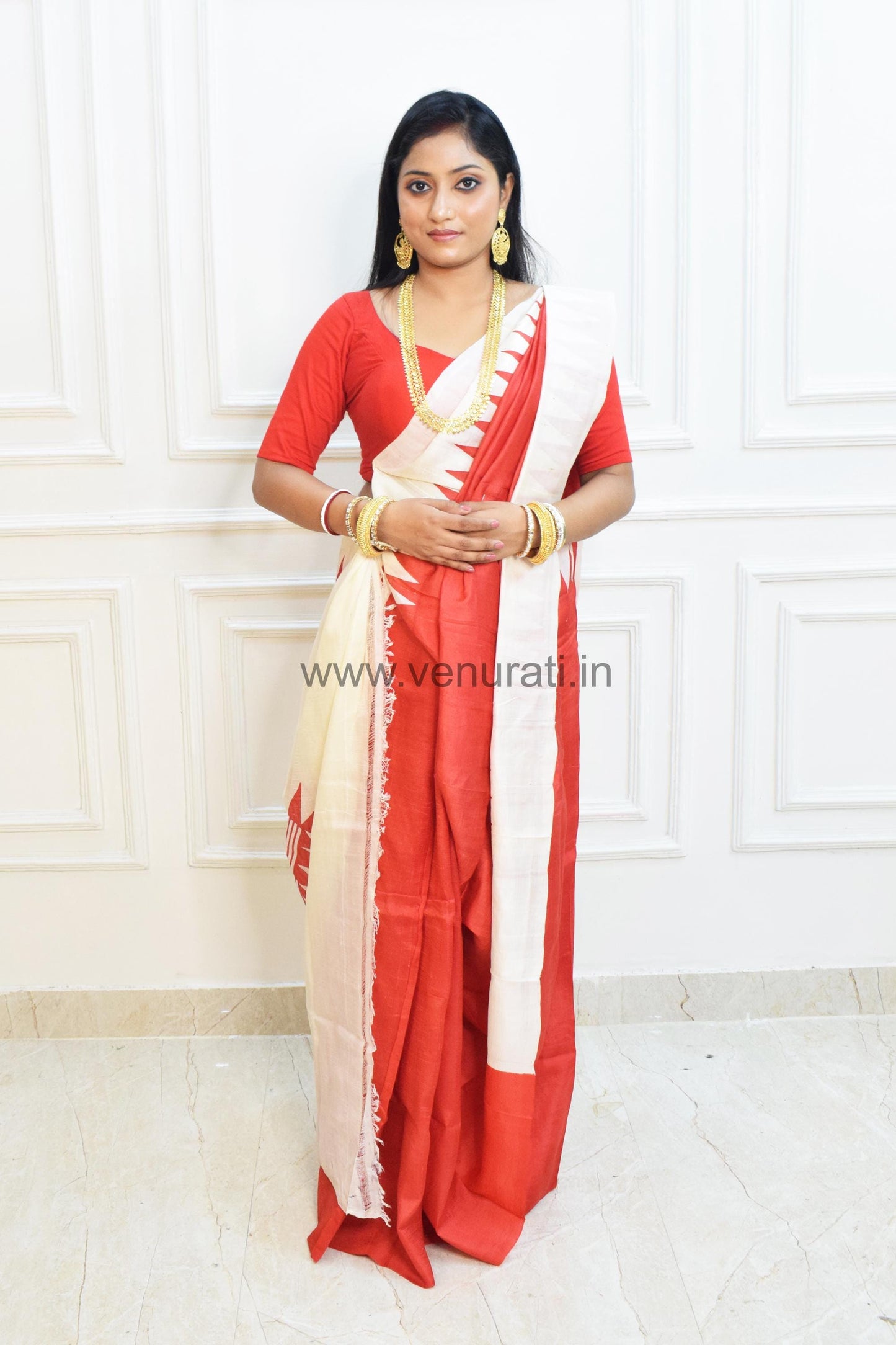 Authentic Silk Saree with Silkmark, Red White Silk Saree, Murshidabad Silk Sari, Block Printed Pure Silk Saree in Red and white Combination