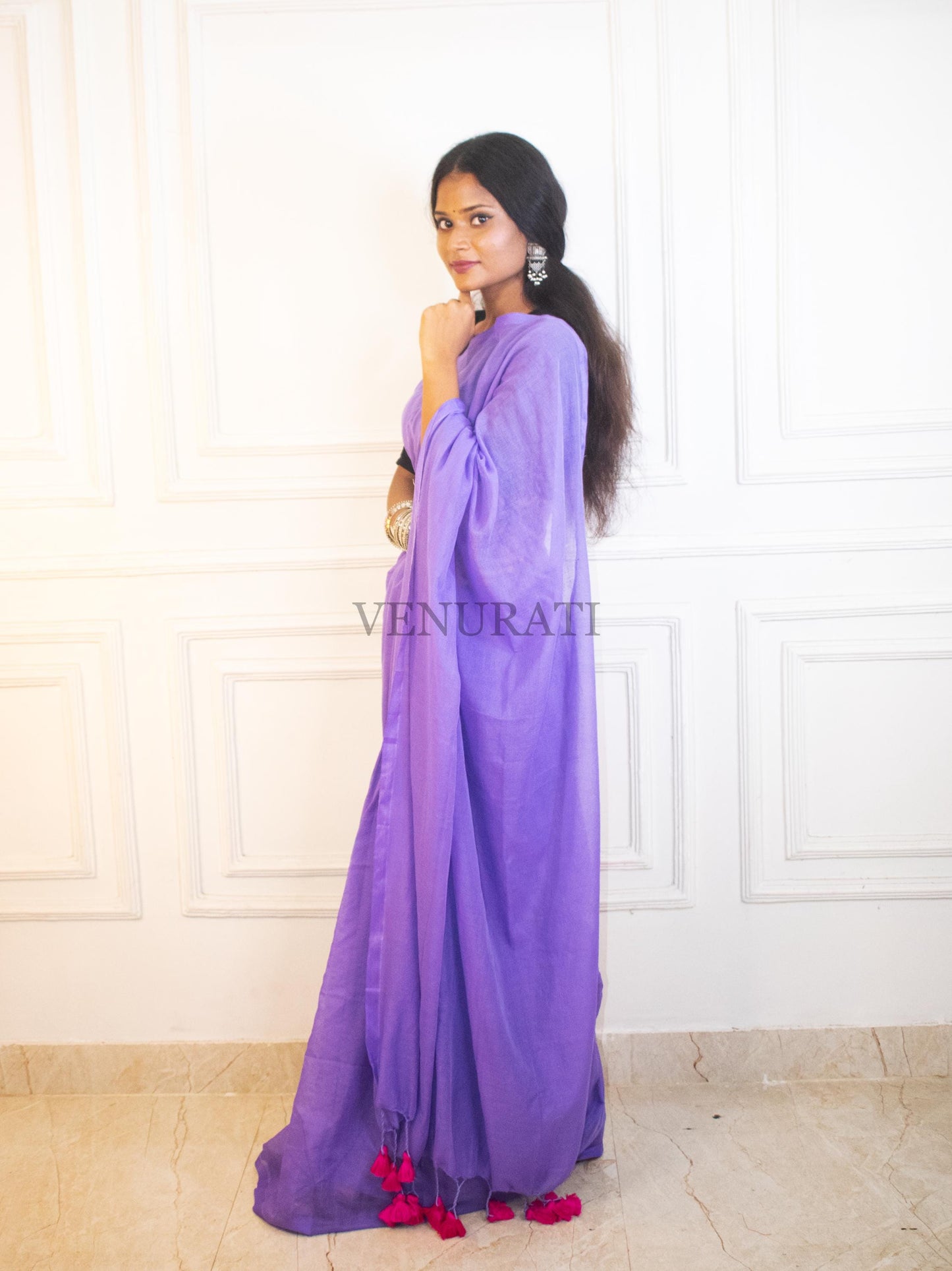 Soft Molmol Cotton Handloom Saree for All Season, Casual Cotton Saree with Tassel, Lavender Color Cotton Saree Gift for Durga Puja Diwali