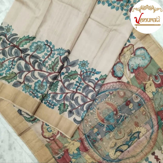 Authentic Zari Tussar Saree Kalamkari Work On Tussar Saree With Blouse Piece SILK MARK CERTIFIED