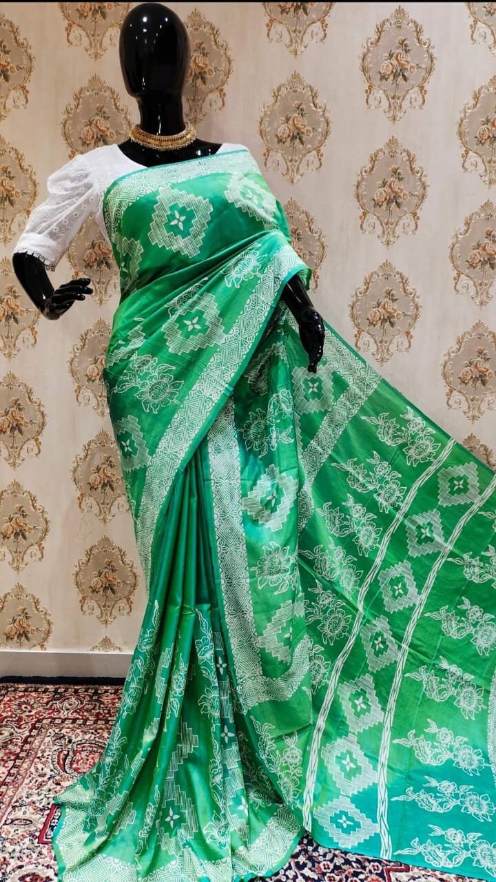 Authentic Bishnupuri Silk Saree Block Print Dual Tone Katan Silk Saree With Silk Mark Silk Saree With Blouse Piece