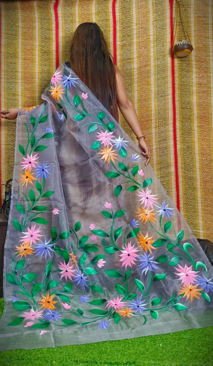 Hand Painted Multicolour Organza Saree, Bollywood Style Party Wear Indian Wedding Saree, Designer Organza Saree, Transparent Saree
