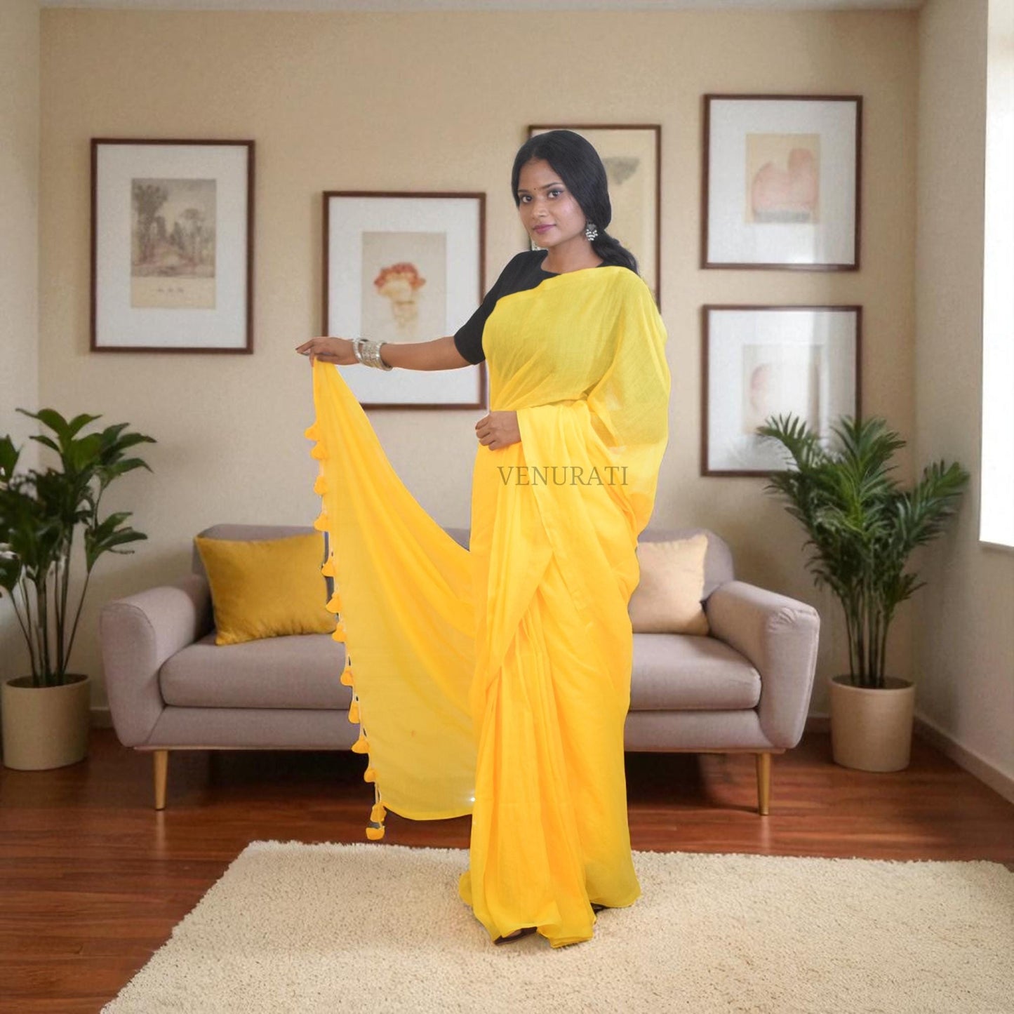 Molmol Cotton Handloom Saree With Beautiful Tassel Simple Cotton Sari Gift for Durga puja Diwali Soft Yellow Cotton Saree for all Purpose