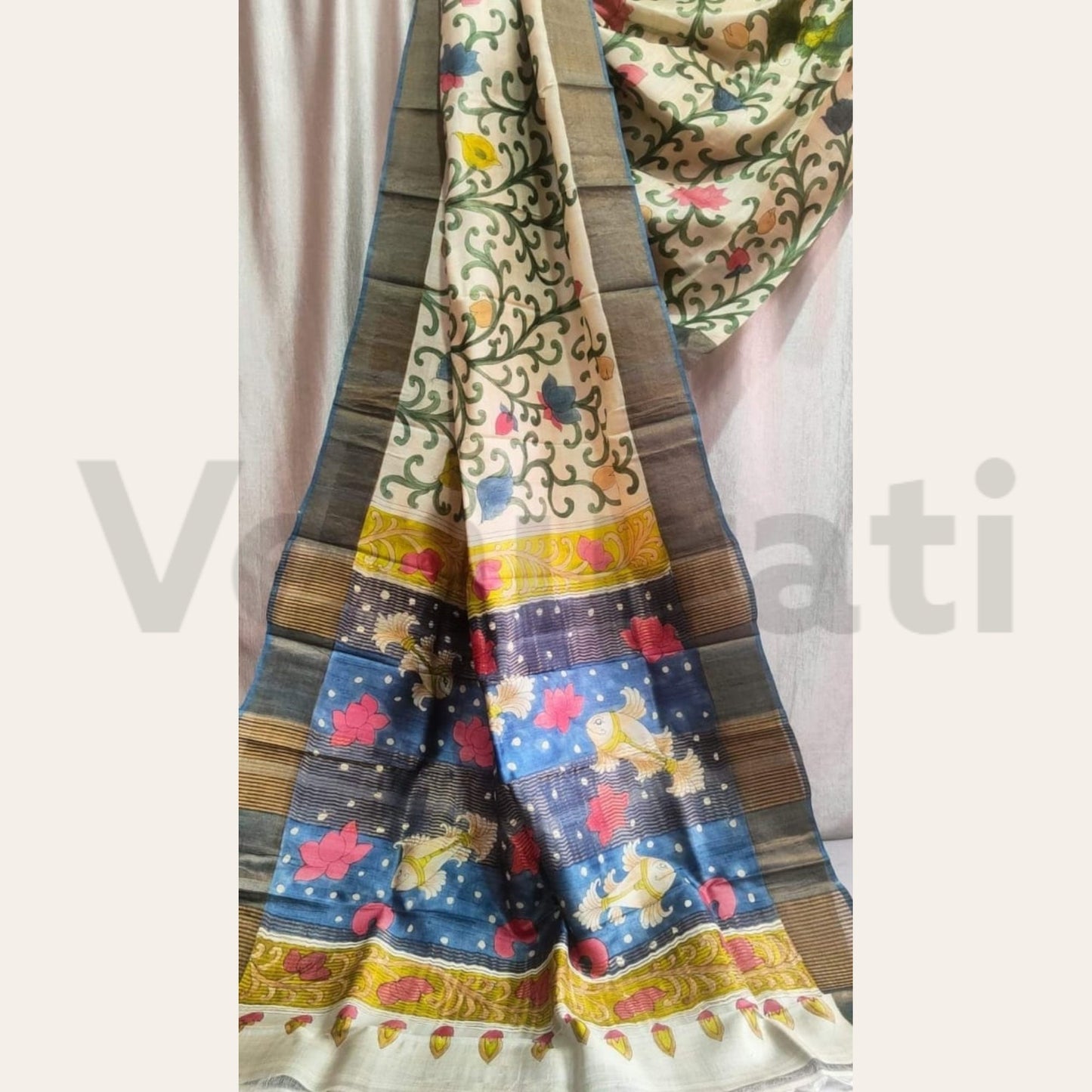 Pure Silk Saree with Silk Mark, Hand Painted Jari Tussar Kalamkari Saree, Authentic Tussar Silk Saree, Gift for Diwali, Christmas, Birthday