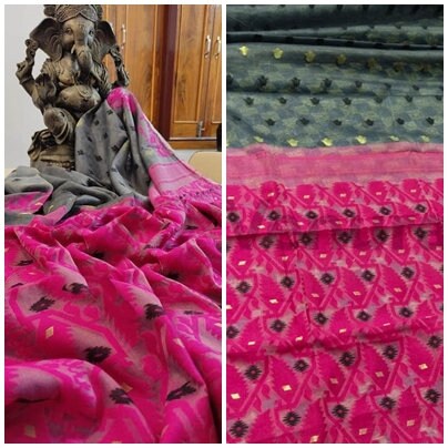 Handcrafted Designer Dhakai Jamdani Saree Rich Texture Jamdani Work, Soft Dhakai Jamdani Saree Authentic Dhakai from West Bengal