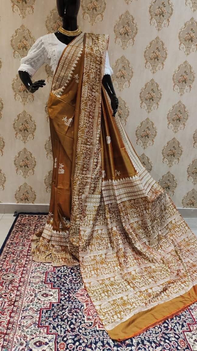 Authentic Bishnupuri Silk Saree Block Print Dual Tone Katan Silk Saree With Silk Mark Silk Saree With Blouse Piece