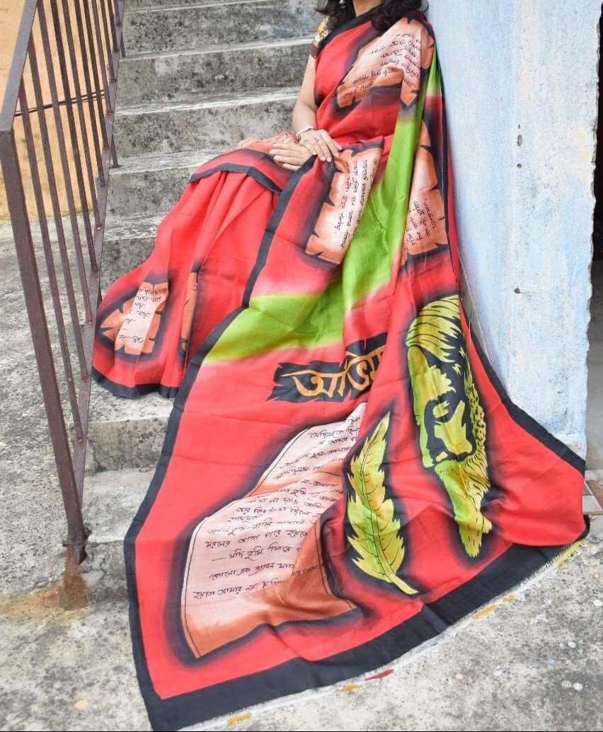 Authentic Murshidabad Silk Saree All Over Hand Paint Work Pure Handloom Soft Murshidabadi Silk Sari With Blouse Piece | Gift For Durga puja