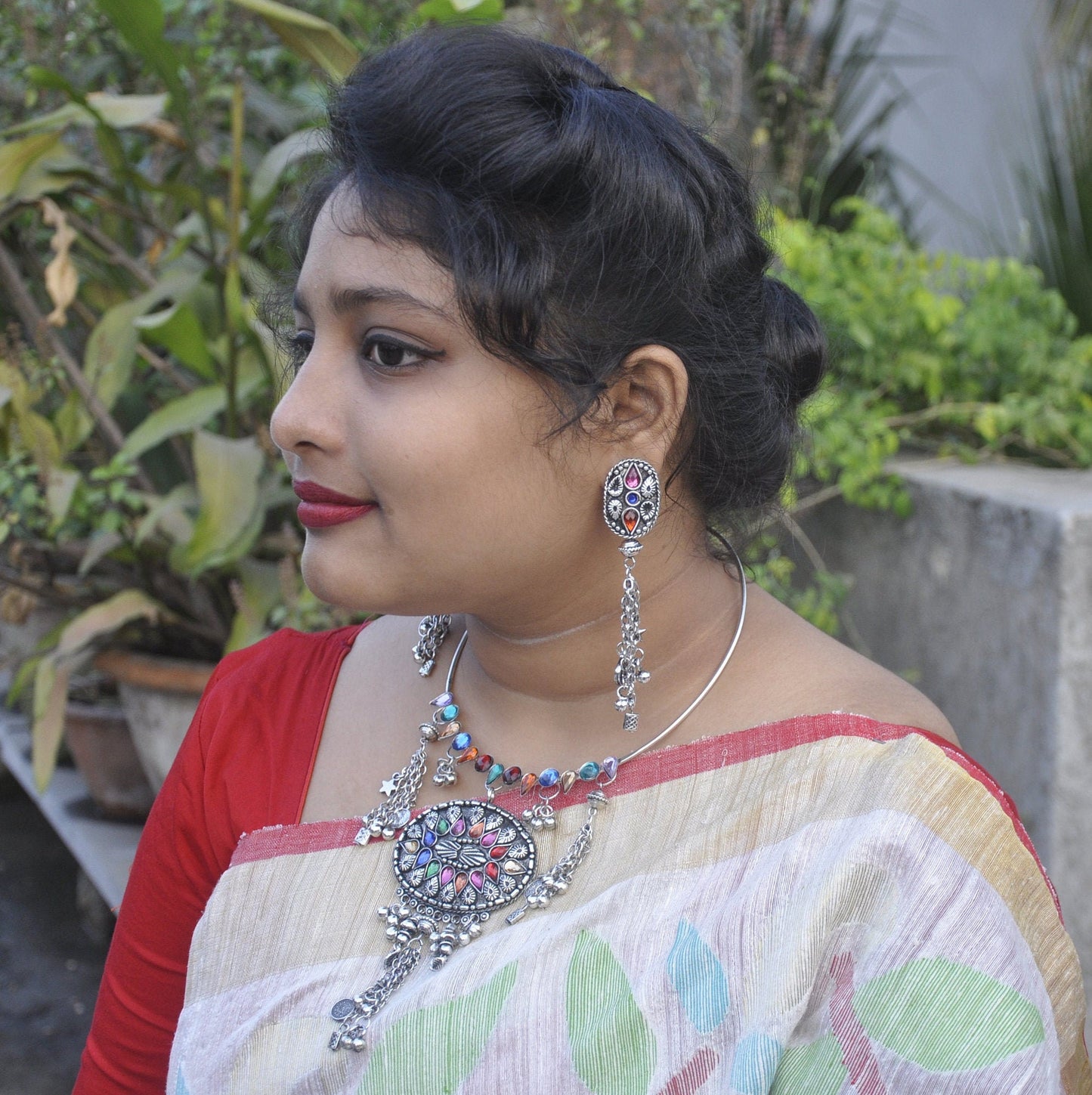 Tribal Oxidized Jewelry Set, Multi Colour Stone Nacklace | Necklace and Earring for Saree | Mothers Day Gifts