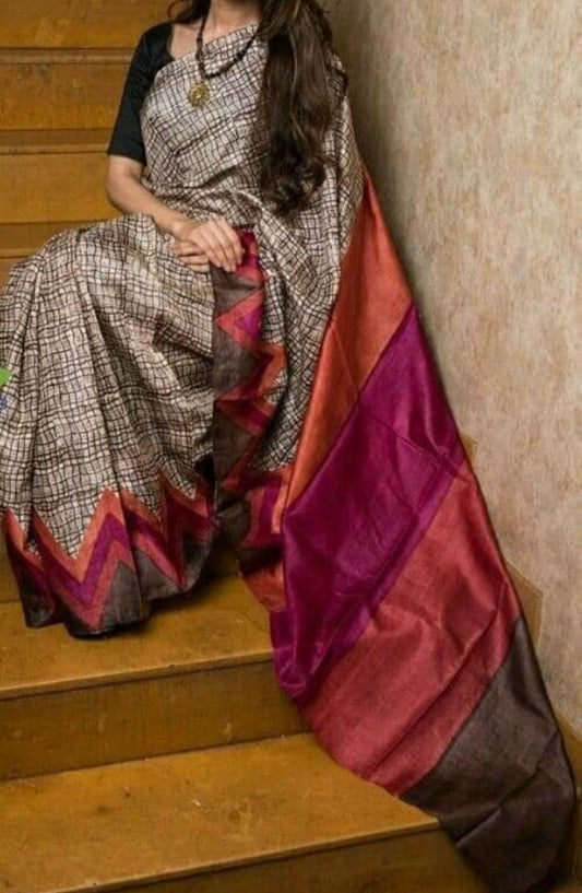 Authentic Murshidabad Silk Saree Designer Block Print Pure Handloom Soft Murshidabadi Silk Sari With Blouse Piece | Gift For Anniversary