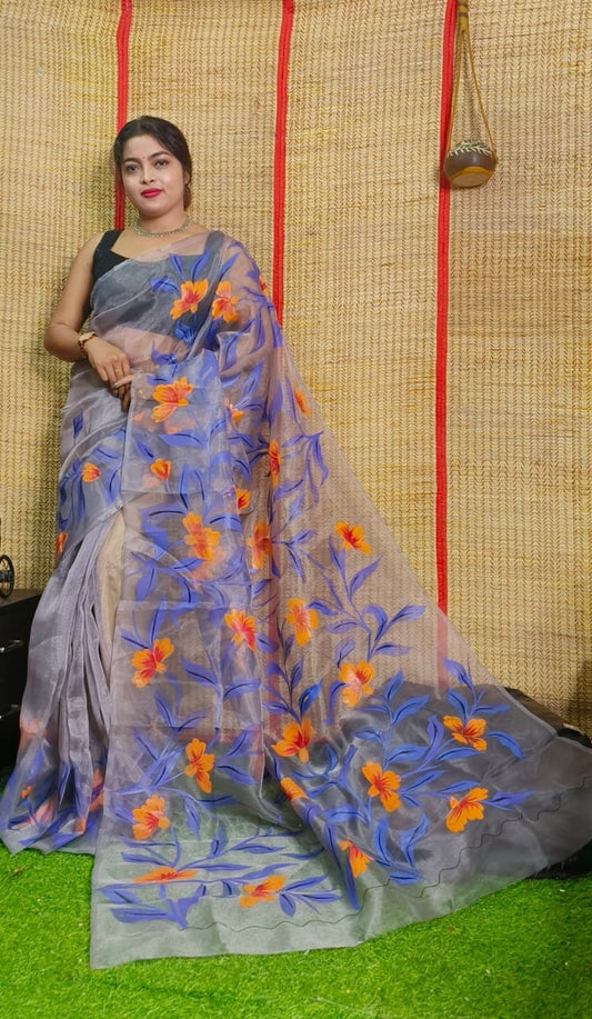 Hand Painted Organza Saree Bollywood Saree Party Wear Saree Indian Wedding Saree, Designer Organza Saree, Transparent Saree