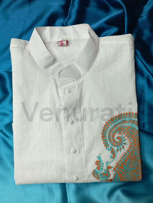 Hand painted Pure Cotton Kurta for Men's, Indian Style Men's Kurta, Handpaint Punjabi for Mens, Gift for Dad