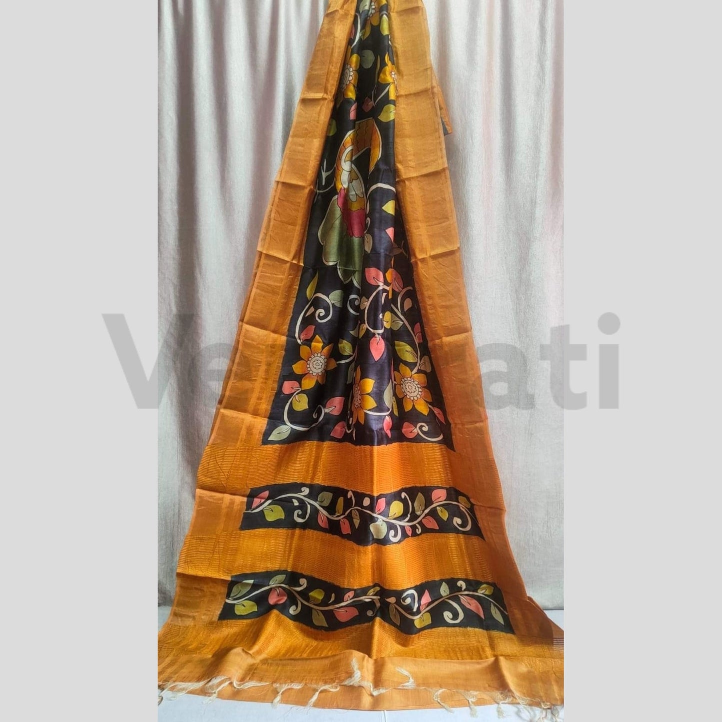 Hand-Painted Jari Tussar Kalamkari Saree, Pure Silk Saree with Silkmark