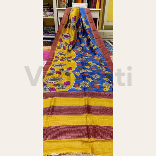 Pure Silk Saree with Silk Mark, Hand Painted Jari Tussar Kalamkari Saree, Authentic Tussar Silk Saree, Gift for Diwali, Christmas, Birthday