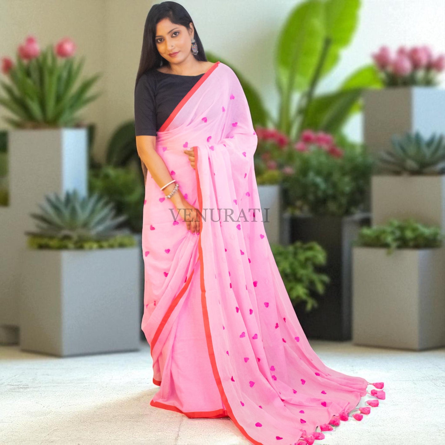Soft Mulmul Cotton Handloom Saree for All Season, Embroidered Cotton Saree with Pompom, Pink Cotton Saree, Gift for Durga Puja Diwali