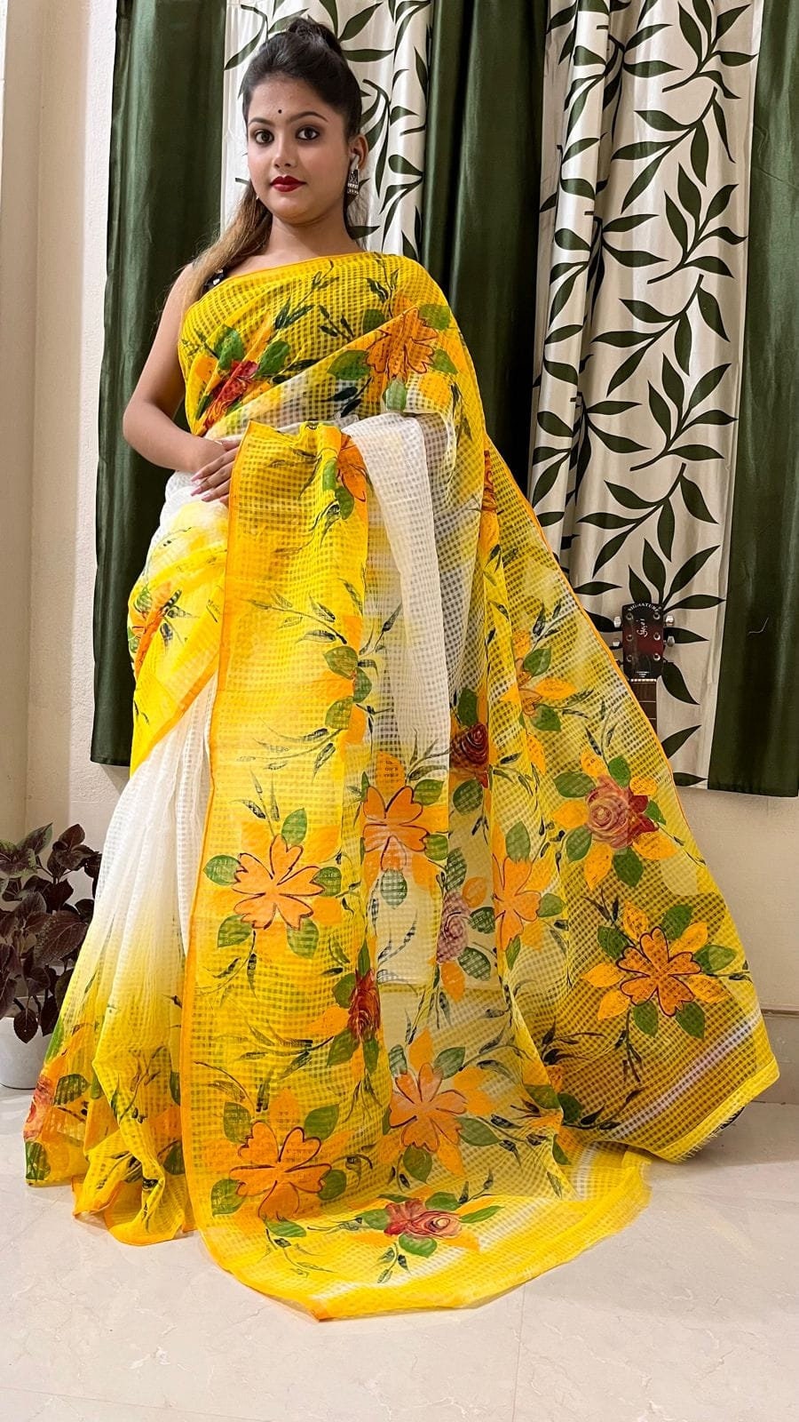 Bengal's Hand Painted Resham Kota Saree for Women's, Full Body Floral Painted Resham Kota Doriya Saree, Designer Bollywood Saree by VENURATI