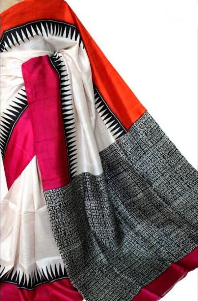 Authentic Murshidabad Silk Saree Designer Block Print Pure Handloom Soft Murshidabadi Silk Sari With Blouse Piece | Gift For Anniversary
