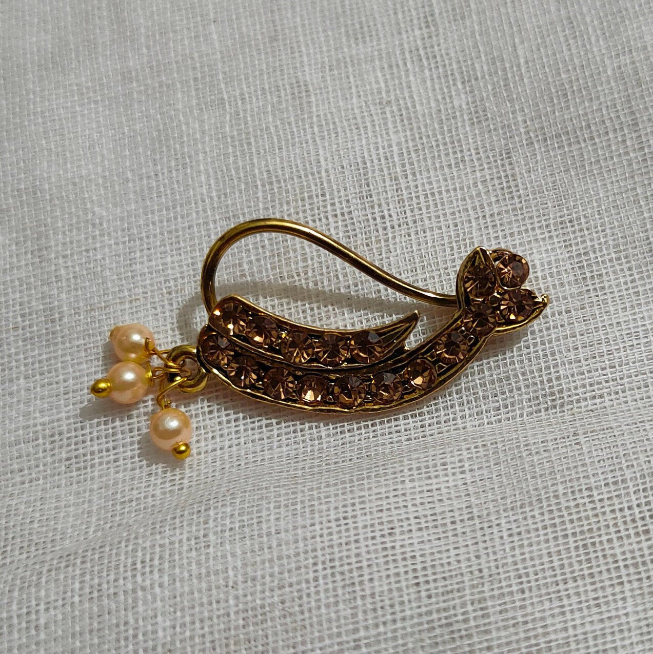Marathi Nose Pin, Golden False Nose Pin White Stone | Bollywood | Clip on Nose ring | Indian Traditional Bridal Nath | Mothers Day Gift