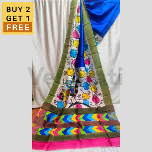 Hand-Painted Jari Tussar Kalamkari Saree, Pure Silk Saree with Silkmark